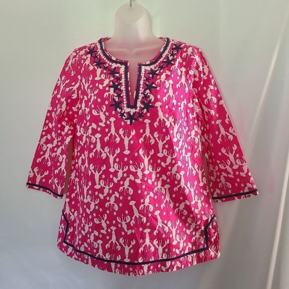 Talbots‎ Bright Pink Lobster Print 100% Cotton Tunic - Picture 2 of 6